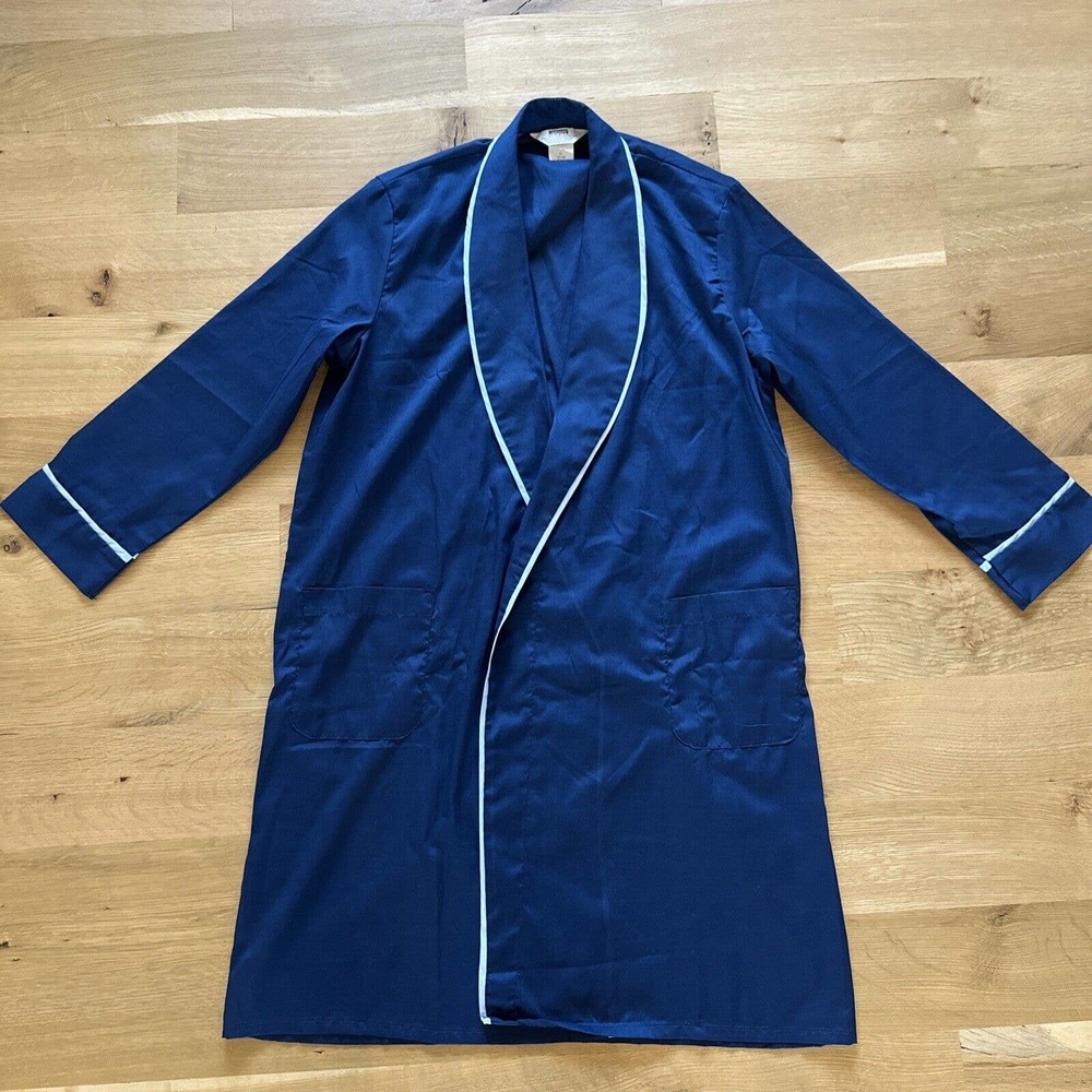 Vintage Montgomery Ward Mens Navy Robe Sz L 41-44 Light Blue Trim Classic